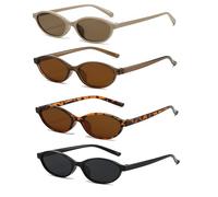 FSMILING 4 Stück Retro Ovale Sonnenbrille Damen Braun Vintage Cateye Sonnenbrille Oval Trendy 90er Klein Schmal Katzenaugen Sunglasses