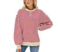 FStory&Winyee Damen Sweatshirts Erwachsene Oversize Pullover mit Rundhals Gestreifte Übergangsjacke für Freizeit Schule Arbeit Zuhause Alltag Dating Einkaufen Streetstyle, Rotweiß, XL
