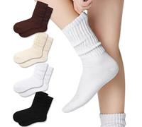 Crew-Socken für Damen, Multipairs, Baumwolle, gepolstert, Sportsocken, Retro, Slouch-Socken, Mitte der Wade, gerippt, Röhrensocken, 4er-Pack, Weiß/Beige/Schwarz/Schokobraun, Einheitsgröße