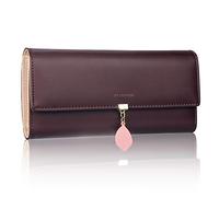 FT FUNTOR Geldbeutel Damen,PU Leder Damen Geldbörse Große Kapazität RFID Schutz Portemonnaie Damen Blatt Anhänger Münze Reißverschluss Lang Damen Portmonee Mit Multi Karten Slots (L-Brenne Rot)