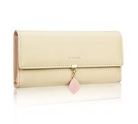 FT FUNTOR Geldbeutel Damen, PU Leder Geldbörse Große Kapazität RFID Schutz Portemonnaie Mit Blatt Anhänger, Münze Reißverschluss Lang, Multi Karten Slots (L-Reis Aprikose)