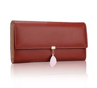 FT FUNTOR Geldbeutel Damen, PU Leder Geldbörse Große Kapazität RFID Schutz Portemonnaie Mit Blatt Anhänger, Münze Reißverschluss Lang, Multi Karten Slots (Rot)