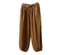 FTCayanz Damen Cordhosen Weite Hosen Elastische Taille Baumwolle Kordelug Haremshose Freizeithose mit Taschen Braun XXL