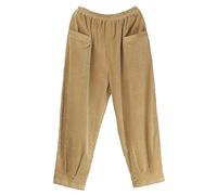 FTCayanz Damen Elastische Taille Cordhosen Baumwolle Weite Bein Haremshose Corduroy Hosen Freizeithose mit Taschen Khaki L