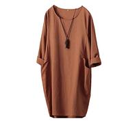 FTCayanz Damen T-Shirt Tunika Kleid Langes Leinenkleider Elegant Langarm Blusenkleid Mini Kleider Orange XXL