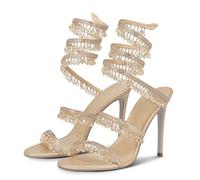 Fuazuzu Strass Wrap Around Riemchen Stiletto High Heels für Damen, offene runde Zehenpartie Schnürsandalen für Hochzeit, Abschlussball, Partykleid, Beige, 38.5 EU
