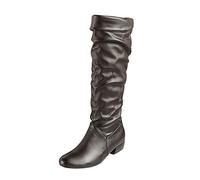 Fucouture Modische Damen-Stiefel, einfarbig, geschorfenes Leder, mit Schleife hinten, dicker Absatz, lange Stiefel, Oberschenkelhohe Stiefel für Damen, ohne Absätze, Leder, Schwarz , 38 EU
