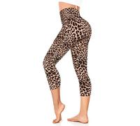 FuelMeFoot 3/4 Leggings Damen High Waist Schwarz Capri Leggins Blickdicht für Sport Yoga Gym.A5-Leopard L/XL