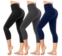 FuelMeFoot Damen 3/4 Leggings Capri 3er Pack High Waist Schwarz Leggins Sommer Blickdicht Yogahose für Sport Gym Lauf. B2-Schwarz/Dunkelgrau/Navy S/M