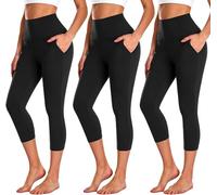 FuelMeFoot Damen 3/4 Leggings Capri 3er Pack High Waist Schwarz Leggins Sommer Blickdicht Yogahose für Sport Gym Lauf. B1-Schwarz/Schwarz/Schwarz(Taschen) S/M