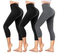 FuelMeFoot Damen 3/4 Leggings Capri 3er Pack High Waist Schwarz Leggins Sommer Blickdicht Yogahose für Sport Gym Lauf. B4-Schwarz/Schwarz/Dunkelgrau S/M