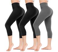 FuelMeFoot Damen 3/4 Leggings Capri 3er Pack High Waist Schwarz Leggins Sommer Blickdicht Yogahose für Sport Gym Lauf. B4-Schwarz/Schwarz/Dunkelgrau L/XL