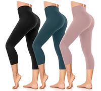 FuelMeFoot Damen 3/4 Leggings Capri 3er Pack High Waist Schwarz Leggins Sommer Blickdicht Yogahose für Sport Gym Lauf. B3-Schwarz/Dunkelgrün/Rosa XXL/3XL