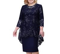 Für Frauen Ab 50 Jahren Damen Zweiteiler Elegant Goldene Hochzeit Kleid Festliche Große Größen Glitzer Mollig Silvester Outfit Cocktailkleid Pailettenkleider (Navy, XL)