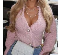 Für Liebe & Bella Damen Casual Elegant Französisch Einfarbig Cremiges Gelb Birne Knopf Strukturierter Zopfstrick Cardigan Langarm Kurzer Pullover, gee