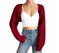 Fuimsul Damen Strickjacke mit offenem Vorderteil, gerippter Strick, kurzer Bolero, Drop-Shoulder, lange Ärmel, einfarbig, lockere Passform, gestrickte kurze Strickjacke Shrug, Rot/Ausflug, einfarbig