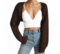 Fuimsul Damen Strickjacke mit offenem Vorderteil, gerippter Strick, kurzer Bolero, Drop-Shoulder, lange Ärmel, einfarbig, lockere Passform, gestrickte kurze Strickjacke Shrug, Braun, Mittel