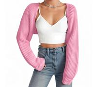 Fuimsul Frauen Offene Front Gerippt Strick Crop Bolero Drop Schulter Langarm Solide Lose Fit Gestrickte Crop Cardigan Shrug, Pink, Klein
