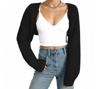 Fuimsul Frauen Offene Front Gerippt Strick Crop Bolero Drop Schulter Langarm Solide Lose Fit Gestrickte Crop Cardigan Shrug, Schwarz, Groß