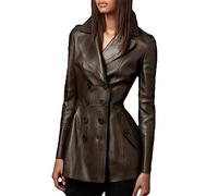 FULBHPRINT Brauner Leder-Trenchcoat Im Britischen Stil Für Damen, Zweireihiger, Taillierter Kunstleder-Blazer