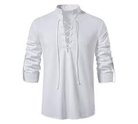 Fulidngzg Kleidung Herren Historische Leinen Hemd Cosplay Blanc Du Nil Kettenhemd Steampunk Römer Sommerhemd Sommer Langarm Leinenhemd Ohne Kragen 4XL Slim Fit Mittelalter Piratenkostüm