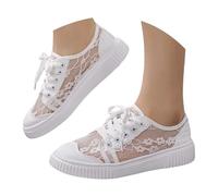 Fulidngzg Trachtenschuhe Damen Flach - Spitzen Dirndl Trachten Sneaker Mesh Atmungsaktive Sommerschuhe Weiß Braut Stoff Turnschuhe Bequem Hochzeitsschuhe
