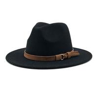 FULUJIDI Fedora Trilby Filzhut Hut Einfarbige Fedora-Hüte Mit Gürtel Elegante Frauen-Party-Kirchen Hut Männer Mit Breiter Krempe Jazz-Panama-Filz Kappe 59 To60 cm Schwarz