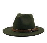 FULUJIDI Fedora Trilby Filzhut Hut Einfarbige Fedora-Hüte Mit Gürtel Elegante Frauen-Party-Kirchen Hut Männer Mit Breiter Krempe Jazz-Panama-Filz Kappe 56 To58 cm Army Green