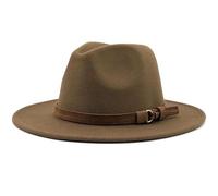 FULUJIDI Fedora Trilby Filzhut Hut Einfarbige Fedora-Hüte Mit Gürtel Elegante Frauen-Party-Kirchen Hut Männer Mit Breiter Krempe Jazz-Panama-Filz Kappe 56 To58 cm Khaki