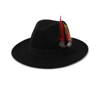 FULUJIDI Fedora Trilby Filzhut Hut Panama Jazz Fedora Hut Mit Breiter Krempe Feder Gürtel Kirche Top Caps 59 To60 cm Schwarz