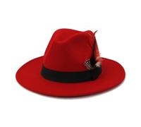 FULUJIDI Fedora Trilby Filzhut Hut Panama Jazz Fedora Hut Mit Breiter Krempe Feder Gürtel Kirche Top Caps 59 To60 cm Rot