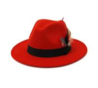 FULUJIDI Fedora Trilby Filzhut Hut Panama Jazz Fedora Hut Mit Breiter Krempe Feder Gürtel Kirche Top Caps 59 To60 cm Orange Red