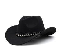 FULUJIDI Fedora Trilby Filzhut Hut Western Cowboy Hut Kette Dekor Breite Krempe Jazz Filz Mütze Vintage Frauen Männer Fedora Hut Outdoor Reiten Sonnenhut Frauen (56-58Cm) 03 Schwarz