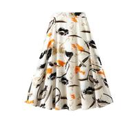 FULUJIDI Hübscher Rock Damen Halbkörperrock Mit Graffiti-Blumenmuster Hoch Taillierter Chiffon-Druckrock Für Damen Mittellanger A-Linien-Schirmrock Einheitsgröße Gelb