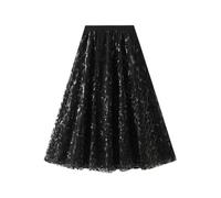 FULUJIDI Hübscher Rock Damen Modischer Glitzernder Mit Pailletten Und Blättern Bestickter Langer Rock Mit A-Linien-Drapierung Großer Netzrock Vielseitiger Feenrock Einheitsgröße Schwarz