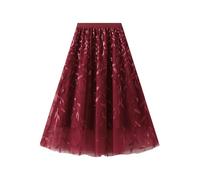 FULUJIDI Hübscher Rock Damen Modischer Glitzernder Mit Pailletten Und Blättern Bestickter Langer Rock Mit A-Linien-Drapierung Großer Netzrock Vielseitiger Feenrock Einheitsgröße Weinrot