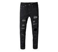 FULUJIDI Jeans Pantalon Herren Schlanke Dünne Kristall Strass Patchwork Jeans Zerrissen Mode Patch Stretch Denim 38 Schwarz