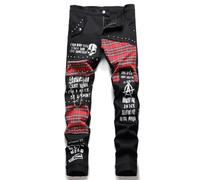 FULUJIDI Jeans Pantalon Herren Tartan Patchwork Jeans Punk Niet Patch Denim Hosen Buchstaben Bedruckt Schlanke Gerade Hose 30 Schwarz