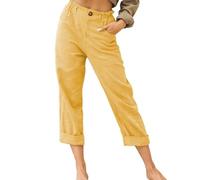 FULUJIDI Jeans Pantalon Jeanshosen Damen Lässige Hose Mit Elastischer Taille Reiß Verschluss Lange Hose Einfarbig Locker Lange Hose Mit Taschen XXL-Gelb