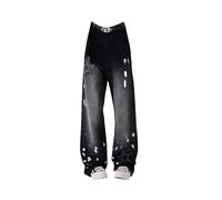 FULUJIDI Jeans Pantalon Jeanshosen Damen Stickerei Schwarze Jeans Einfaches Breites Bein Hohe Taille Baggy Hose Streetwear Lose Jeans Hose Gothic L Schwarz