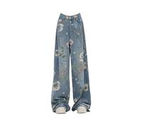 FULUJIDI Jeans Pantalon Jeanshosen Mode Bemalte Blumen-Jeans Hose Damen Niedrige Taille Locker Gemütliches Weite Bein Hosen High Street Trend Jeans M Blau