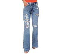 FULUJIDI Jeans Pantalon Jeanshosen Retro Flared Jeans Damen Hohe Taille Reiß Verschluss Jeans Mode Stretch Denim Gerade Beine Freizeit Hose M Blau