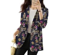 FULUJIDI Sakkos Anzüge Bedruckter Damen Anzug Mantel Damen Leichter Anzug Mantel Elegant Floral Bedruckt Ansteckanzug Mantel Mit Einzelnen Knöpfen Verschluss Taschen XL Blau