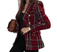 FULUJIDI Sakkos Anzüge Damen Blazer Plaid Print Revers Langarm Dicke Zweireihige Strickjacke Formal Business Mantel M Rot