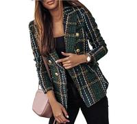 FULUJIDI Sakkos Anzüge Damen Blazer Plaid Print Revers Langarm Dicke Zweireihige Strickjacke Formal Business Mantel M Army Green