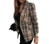 FULUJIDI Sakkos Anzüge Damen Blazer Plaid Print Revers Langarm Dicke Zweireihige Strickjacke Formal Business Mantel M Dark Khaki