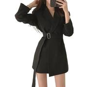 FULUJIDI Sakkos Anzüge Frauen Blazer Jacke Revers Mit Gürtel Langarm Enge Taille Einfarbige Vintage Formelle Business Commute Dame Lange Anzug Mantel M Schwarz