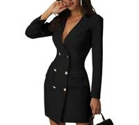 FULUJIDI Sakkos Anzüge Stilvolles Blazer-Kleid Elegantes Büro-Damen Kleid Gefälschte Taschen Über Dem Knie Länge Mantel Kleid S Schwarz