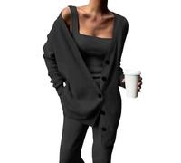 FULUJIDI Strickjacke Pullover Cardigan Damen Gestricktes Outfit Dreiteiliges Tank Top Strickjacke Hose Set Solid Langarm Strickanzug Oberbekleidung Weste Hose Set M Schwarz