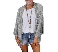 FULUJIDI Strickjacke Pullover Cardigan Damen Lose Mantel Offen Vorne Lang Ärmel Ige Damen Mantel Glänzende Pailletten Kleidung Party Glitzer Schal Jacke 2XL Silber